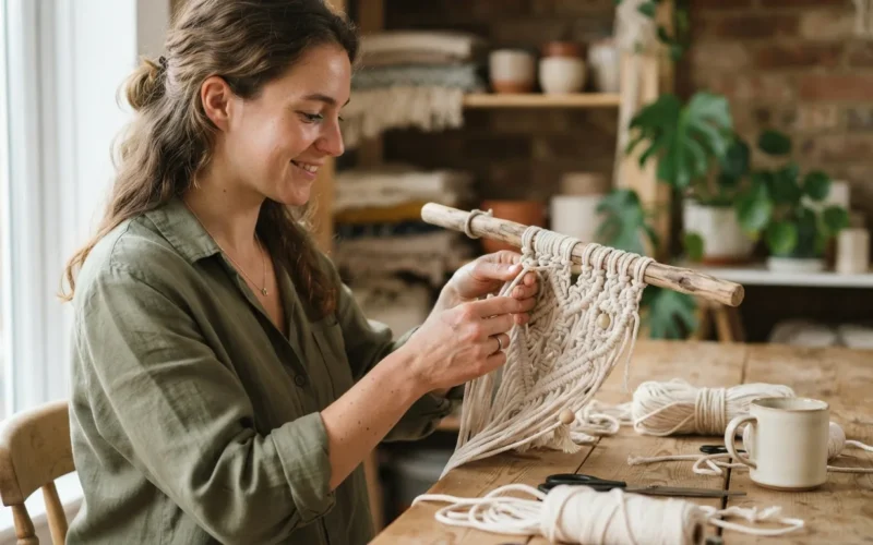 a person crafting a macrame decoration at a table
