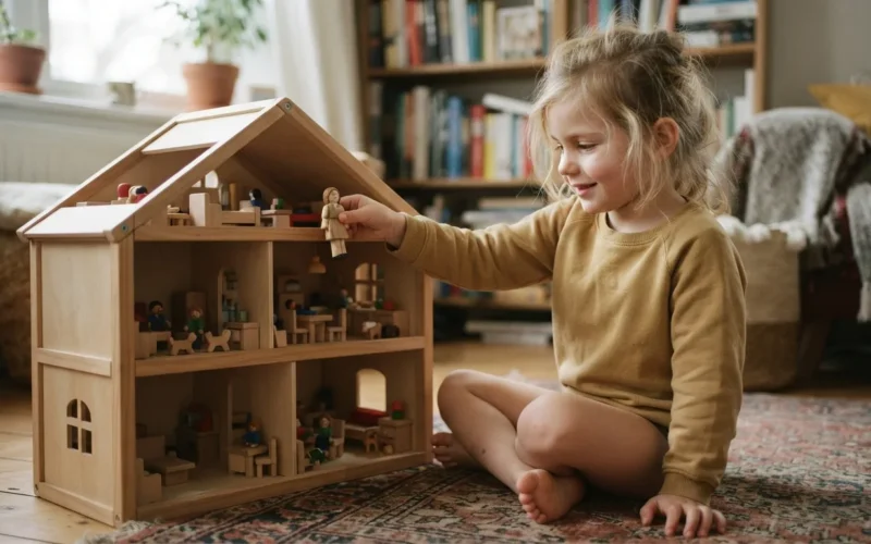 a child playing with a wooden dollhouse
