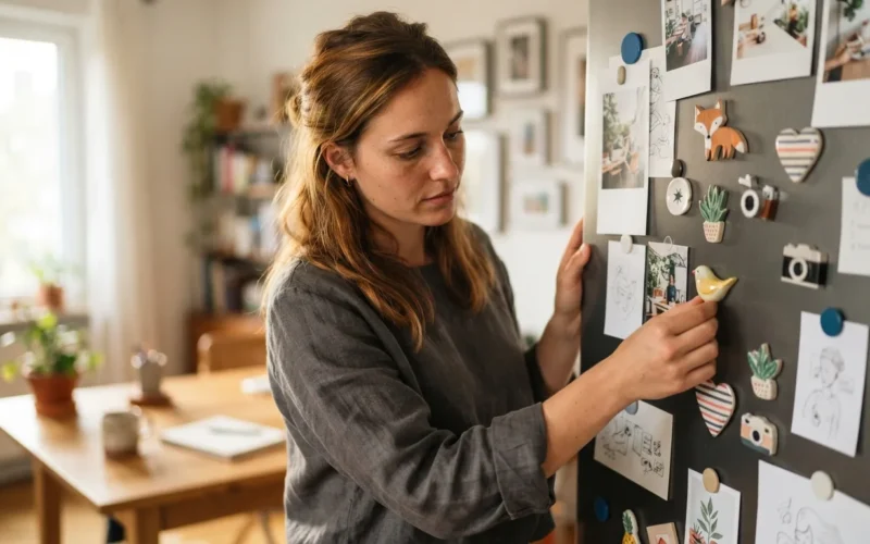 a person arranging decorative magnets on a metal board