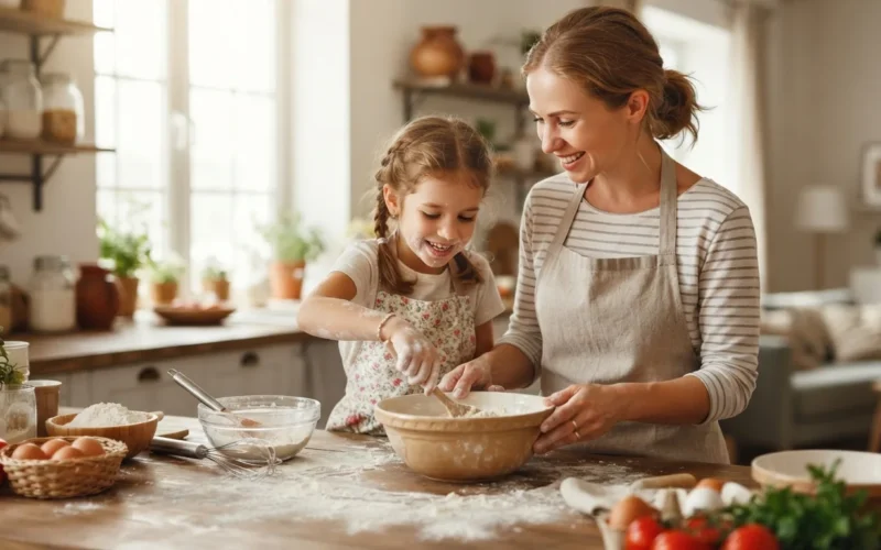 a parent and child cooking together in a kitchen