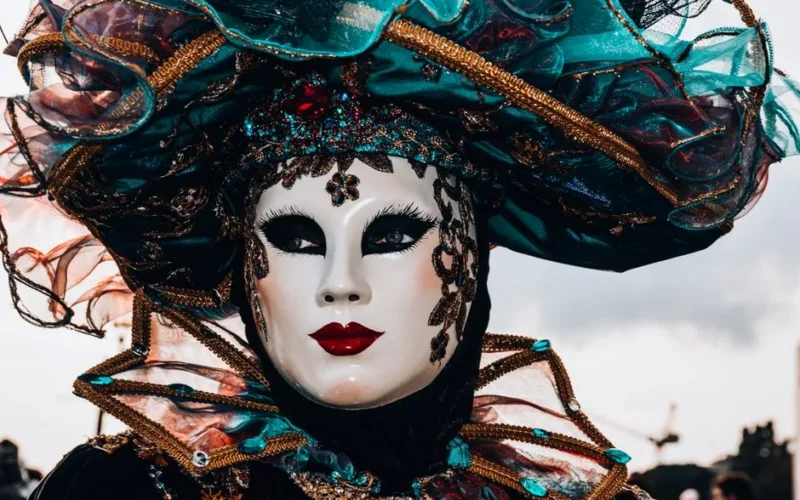 Close-up of a mysterious mask at the vibrant Venice Carnival.