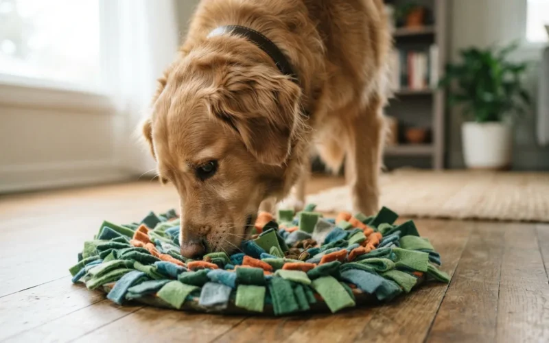 a dog sniffing and searching for treats on a mat