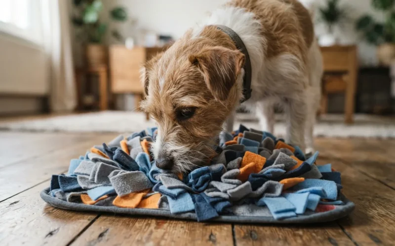 a dog sniffing and searching for treats on a fabric mat