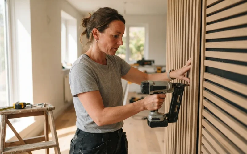 a person installing wooden slats on a wall