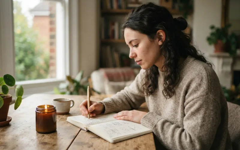 a person sitting at a desk with a notebook and candle