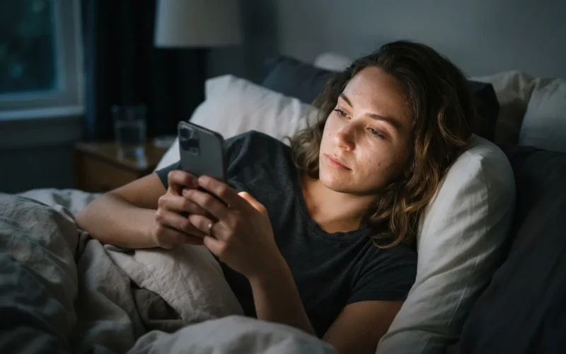 a person looking at a smartphone in bed at night