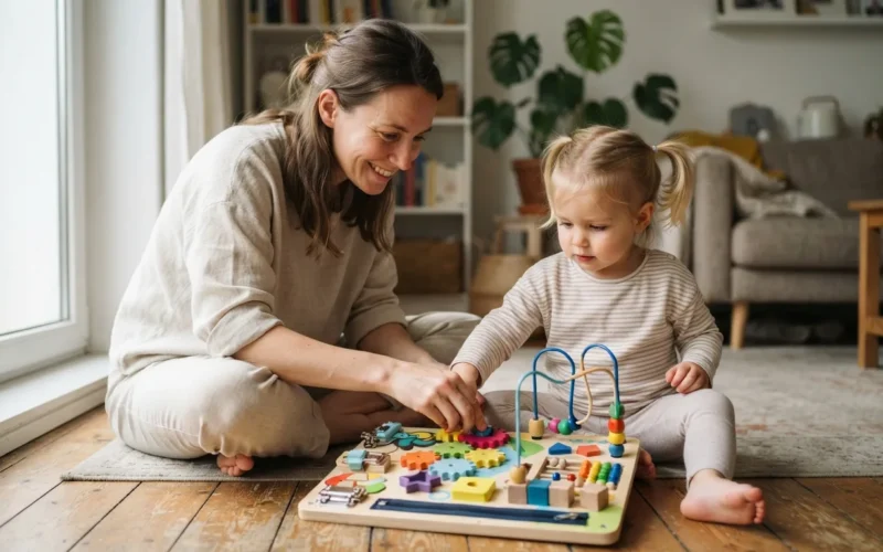 a parent and child playing with a colorful activity board