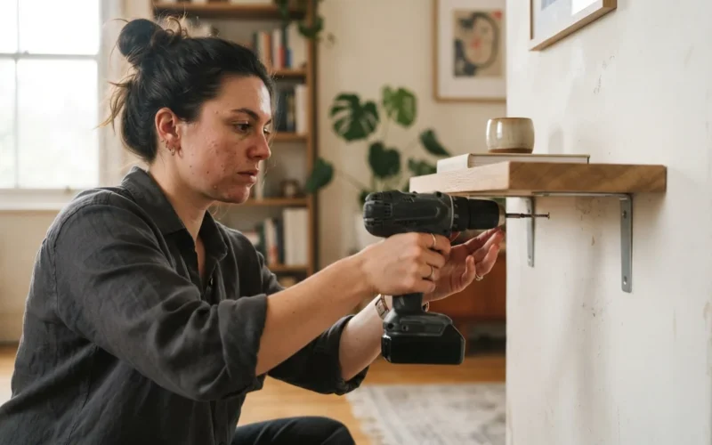 a person using a drill to attach a shelf to a wall