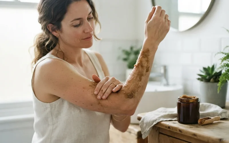 a woman applying a sugar scrub on her arm