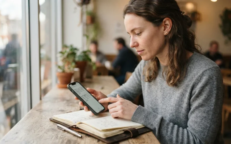 a person writing in a journal on a smartphone