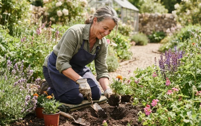 a gardener planting flowers in a sunny garden bed