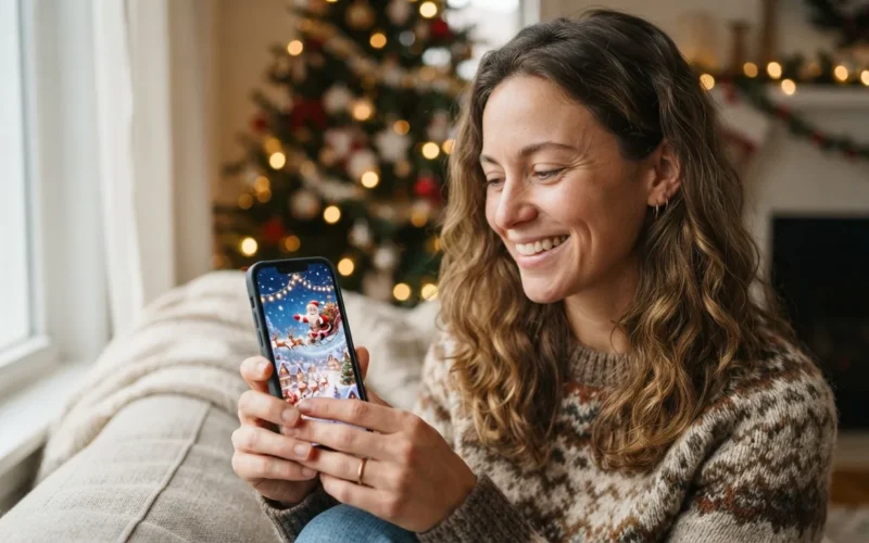a person holding a smartphone displaying a festive Christmas animation