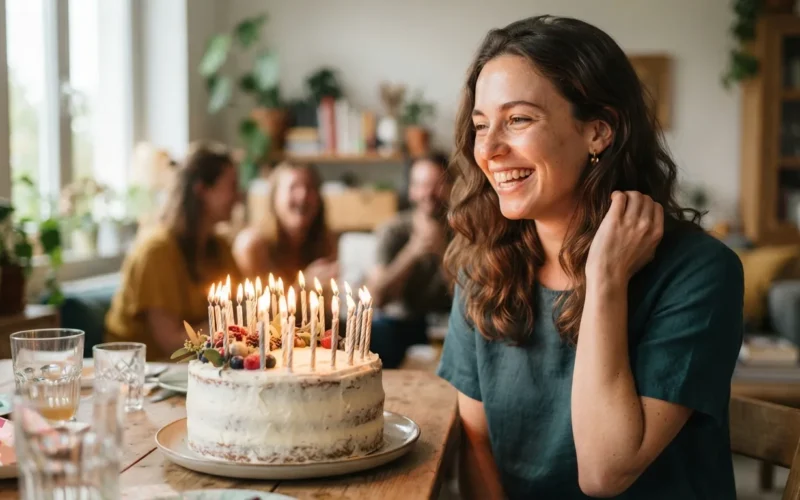 a young woman smiling next to a birthday cake with candles