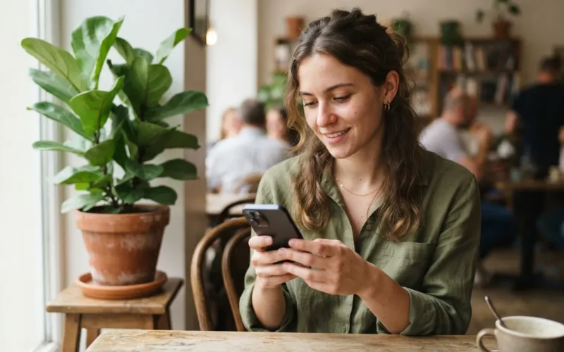 a person checking a smartphone next to a potted plant