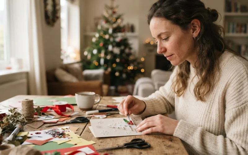 a person crafting a Christmas card with paper and decorations