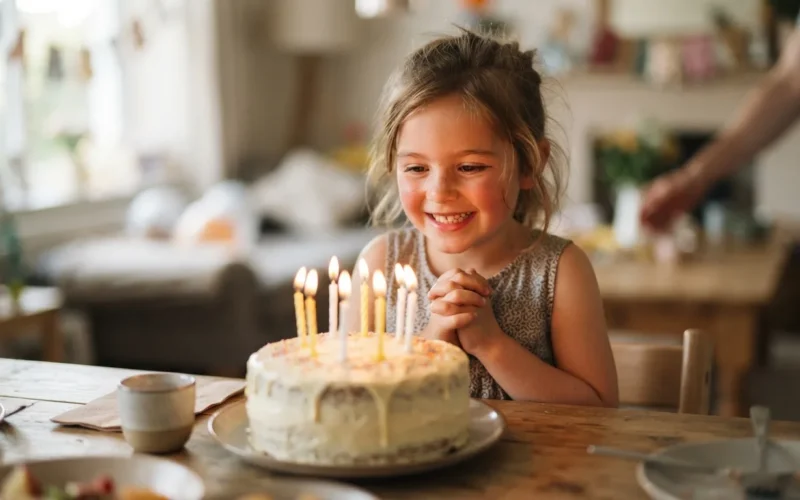 a child with a birthday cake and candles