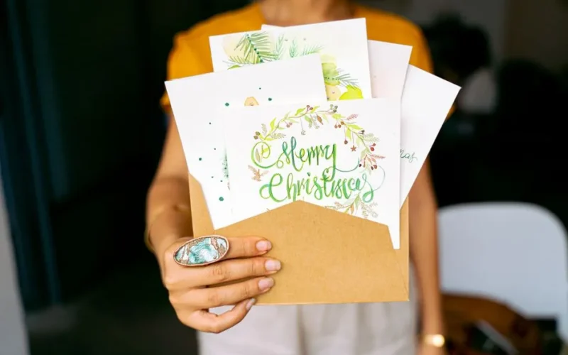 A close-up view of hands holding decorative Christmas cards in an envelope.