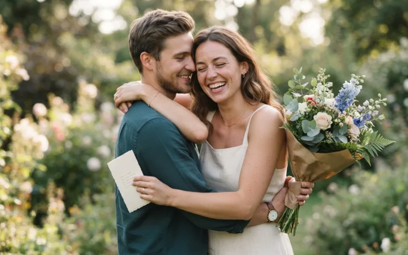 a happy couple embracing with flowers and a card