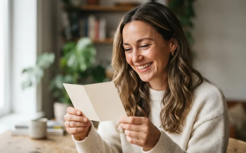 a person holding a greeting card with a smile
