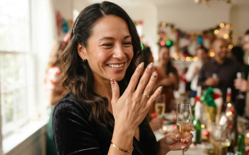 a woman showing her decorated nails at a festive party