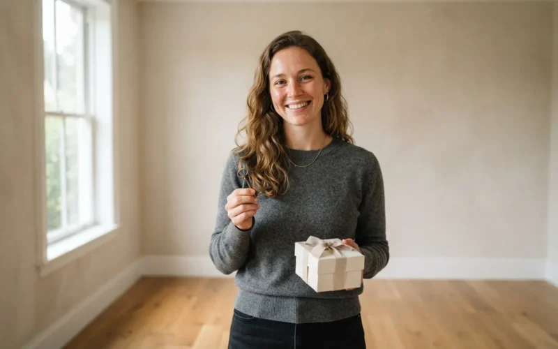 a person holding a key and a gift box, standing in an empty bright room
