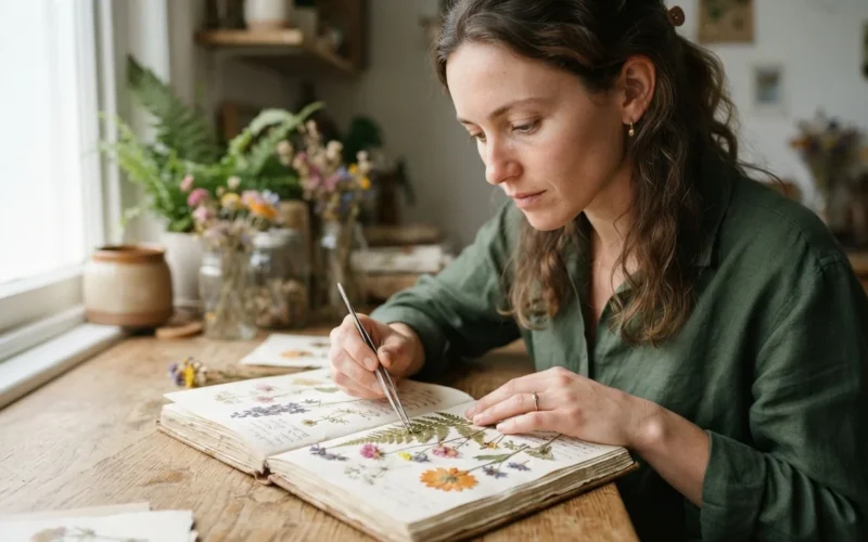 a person arranging dried flowers in a notebook