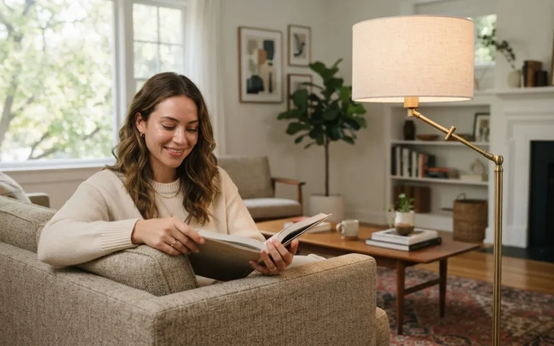 a stylish living room with a designer floor lamp