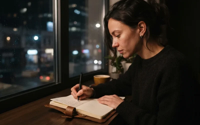 a person writing in a notebook by a window at night