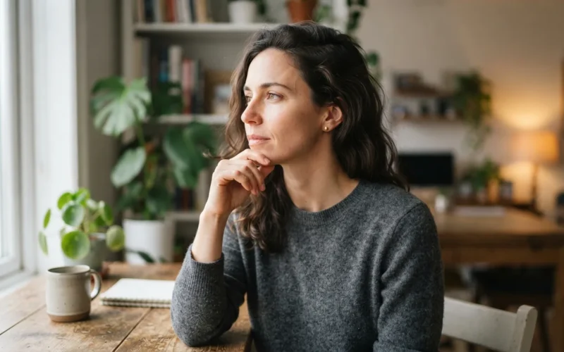 a woman touching her chin thoughtfully