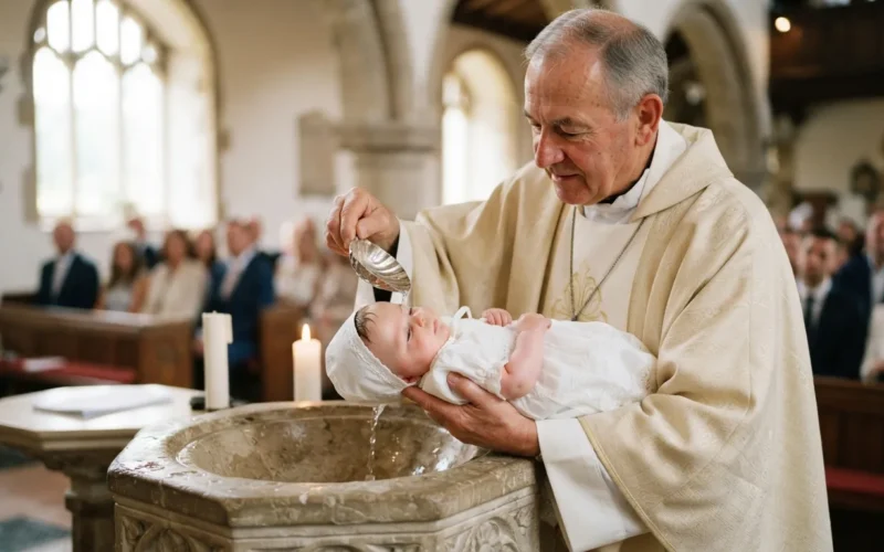 a priest holding a baby during a baptism ceremony
