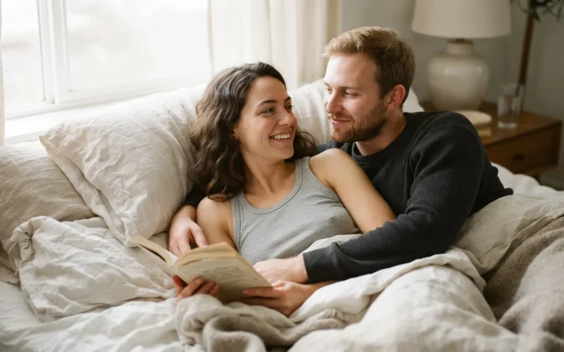 a couple relaxing in bed with soft lighting