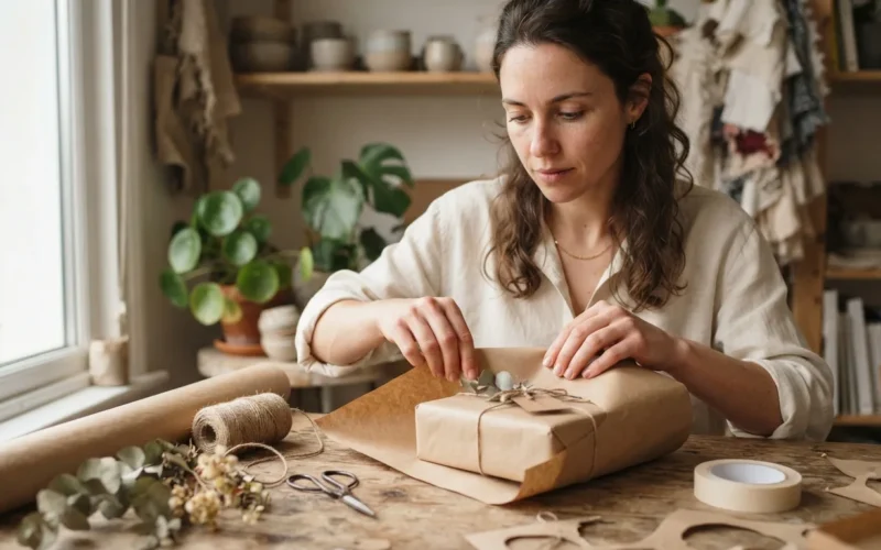 a person wrapping a gift or holding a handmade present