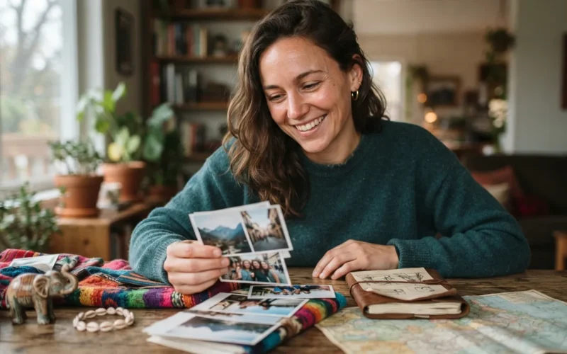 a person smiling while looking at travel souvenirs and photographs