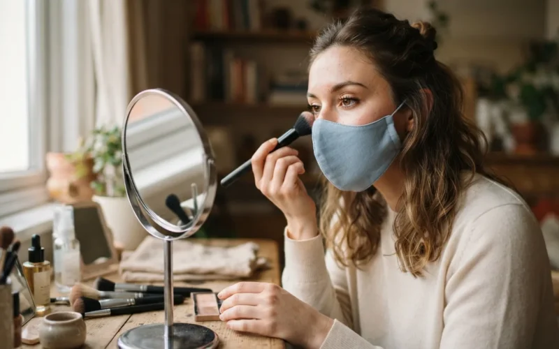 a woman applying makeup while wearing a face mask