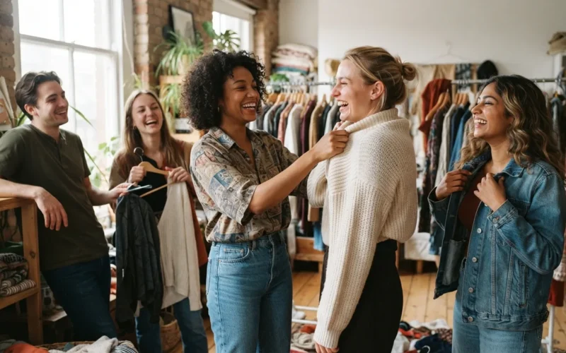a group of friends exchanging clothes and laughing together