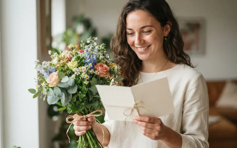 a person holding a bouquet of flowers and a greeting card