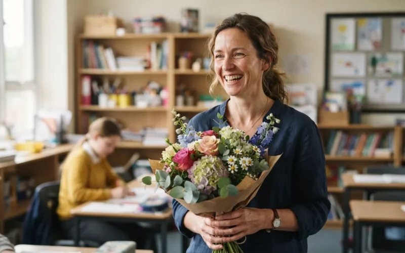 a smiling female teacher holding a bouquet of flowers in a classroom