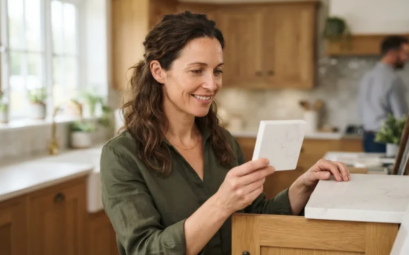 a person choosing a kitchen countertop sample next to wooden cabinets