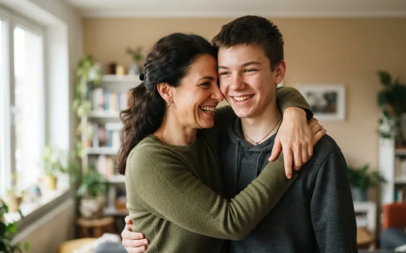a mother hugging her teenage son