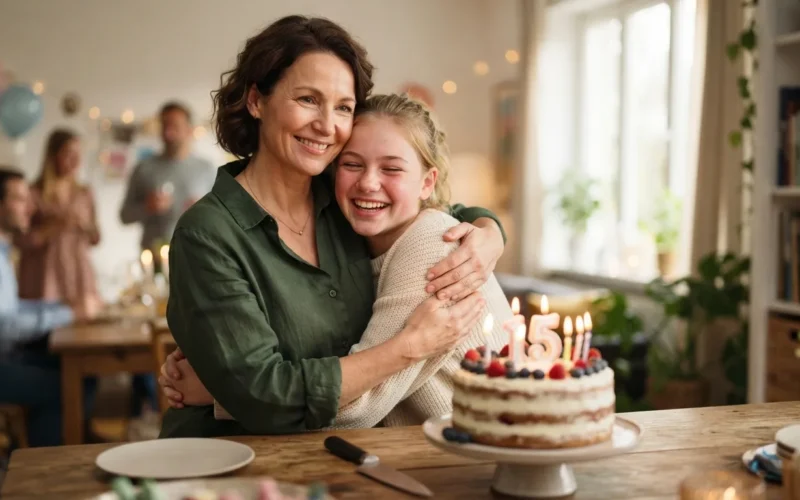 a godmother and teenage girl hugging with a birthday cake