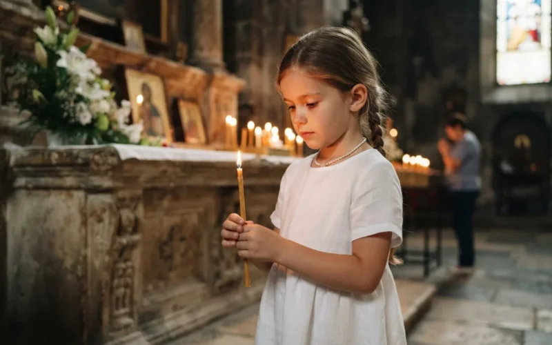 a child in a white dress or suit holding a candle at an altar