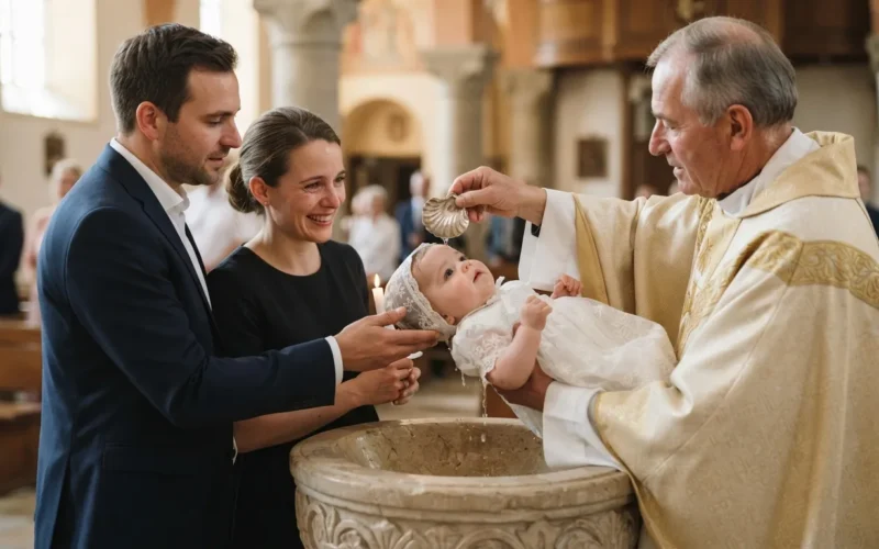 a baby being baptized by a priest with parents nearby