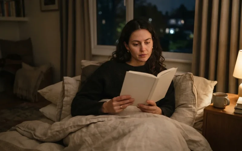 a person in a cozy bedroom at night
