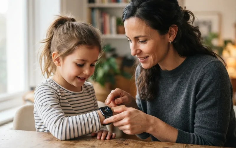 a parent and child looking at a smartwatch together
