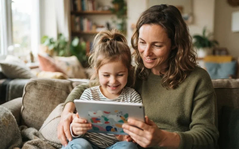 a parent and child sitting together looking at a tablet or laptop