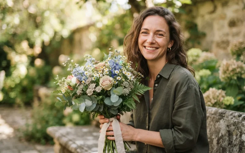 a woman holding a bouquet of flowers and smiling