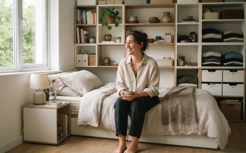 a small bedroom with modular furniture and organized storage