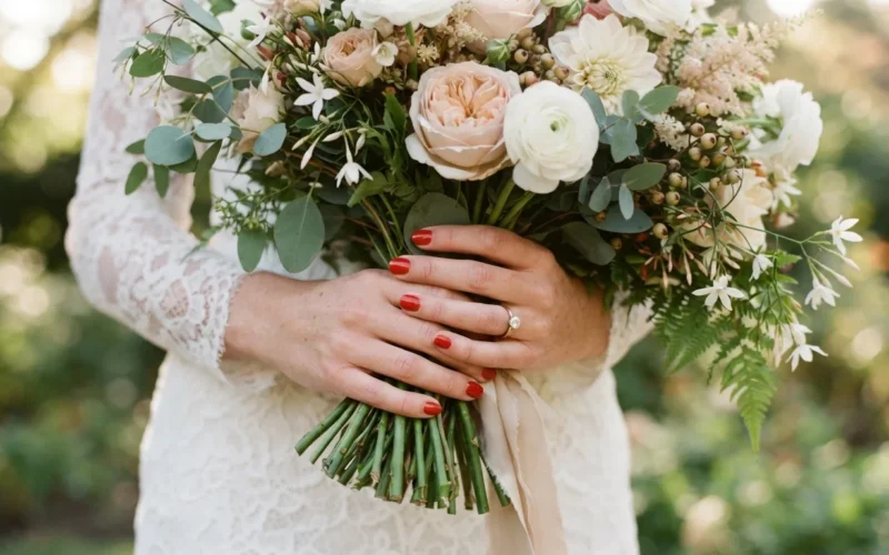 a woman's hands with red nail polish holding a wedding bouquet