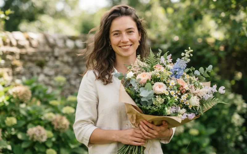 a woman holding a bouquet of flowers