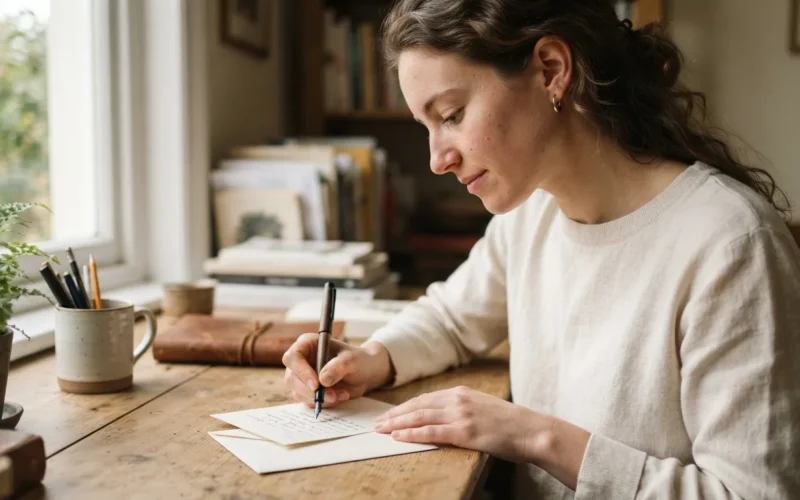 a person writing a thank you card at a desk